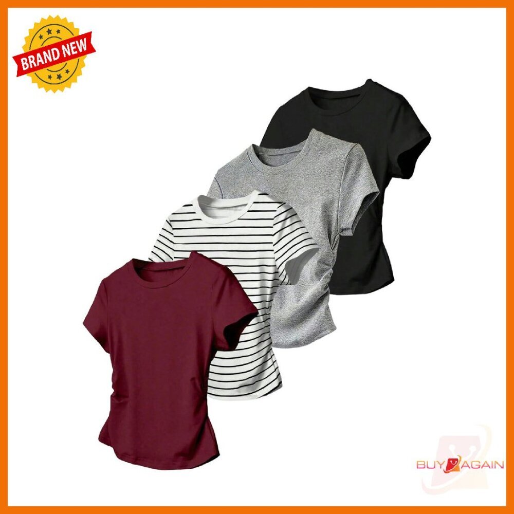 4 Pack Short Sleeve Summer Tops Crew Neck Ruched Tees Slim Fit